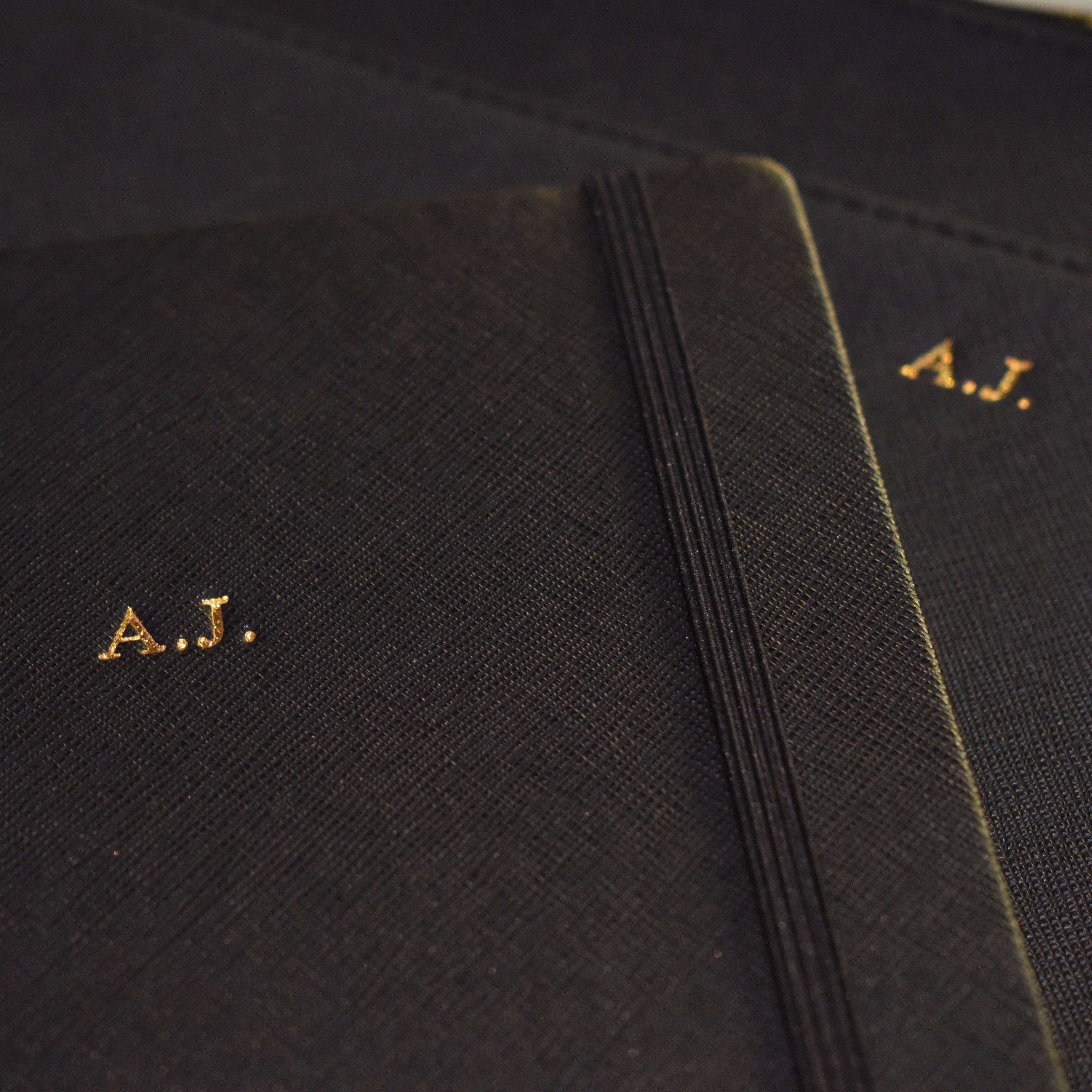 black saffiano leather with gold initials