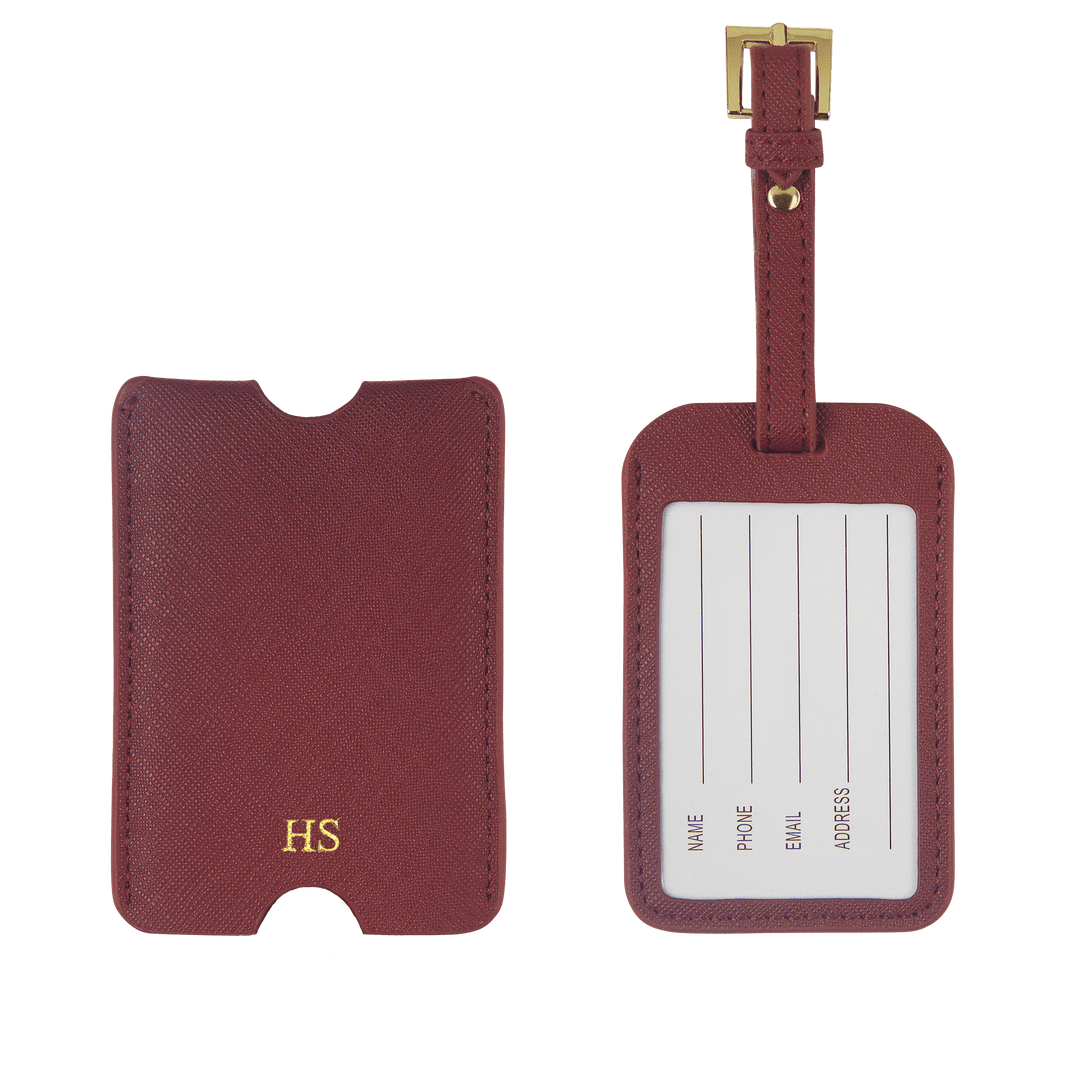 burgundy Saffiano personalised luggage tag
