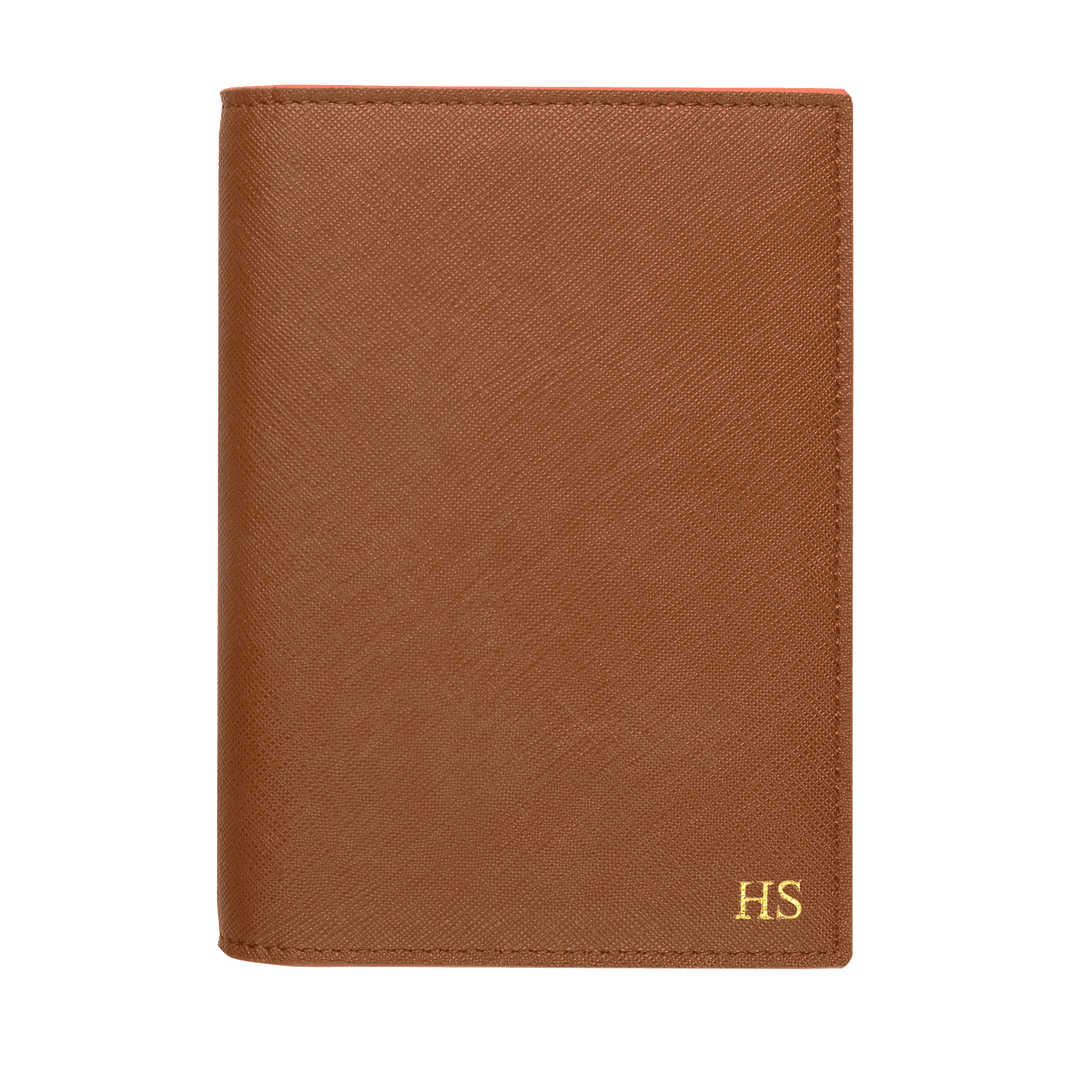 Saffiano passport cover in caramel with gold HS text