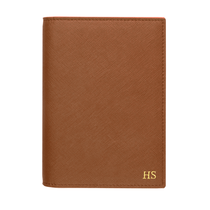 Saffiano passport cover in caramel with gold HS text