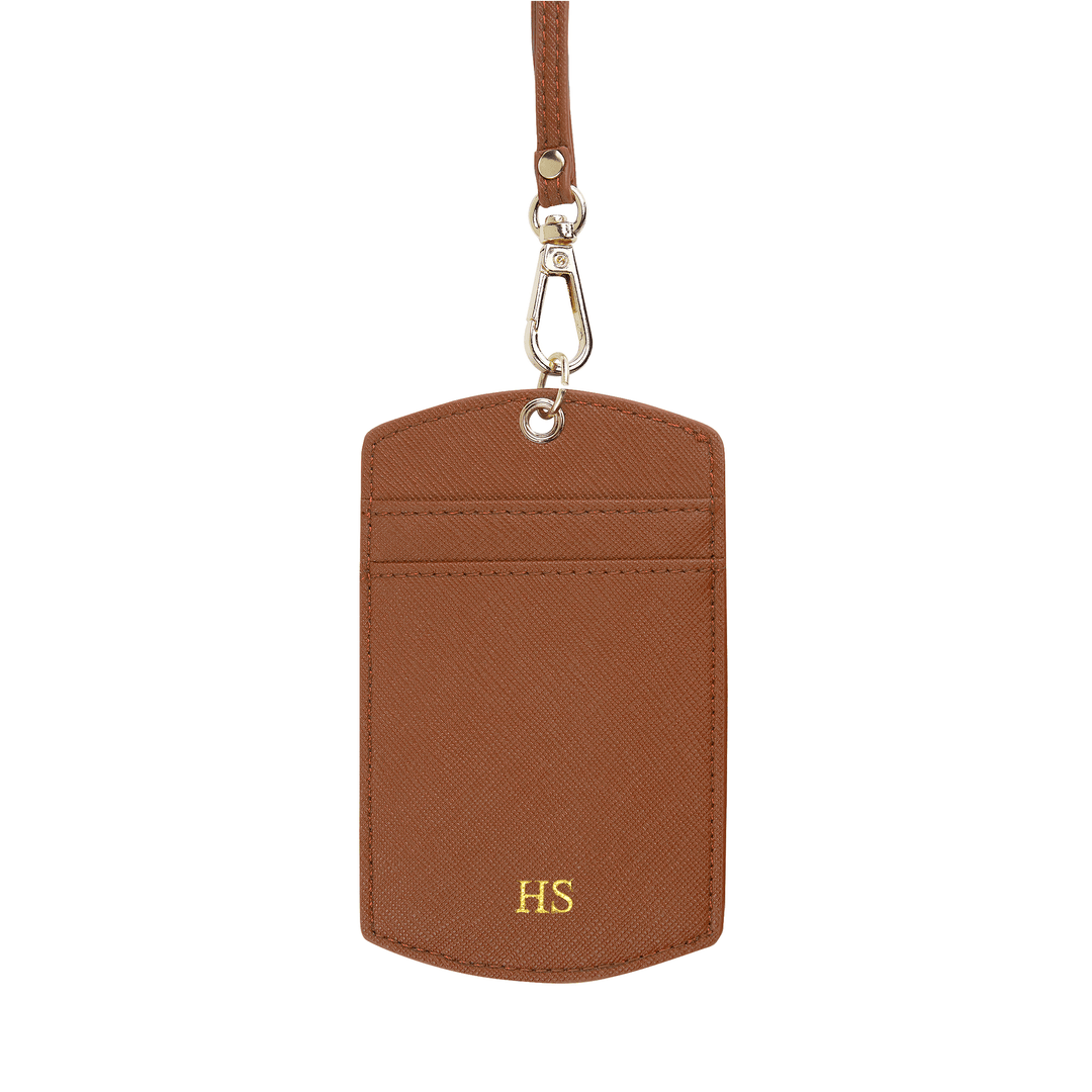 Saffiano ID cardholder lanyard in caramel and with gold HS text