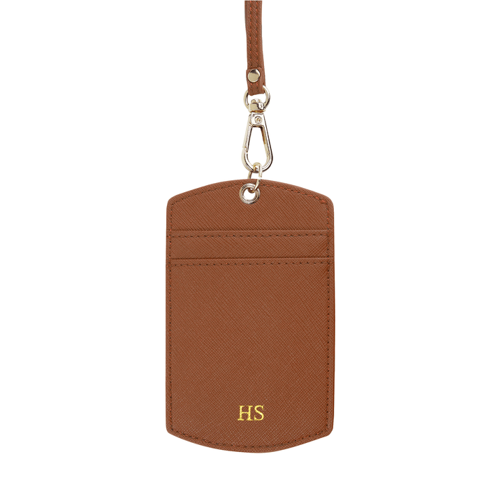 Saffiano ID cardholder lanyard in caramel and with gold HS text