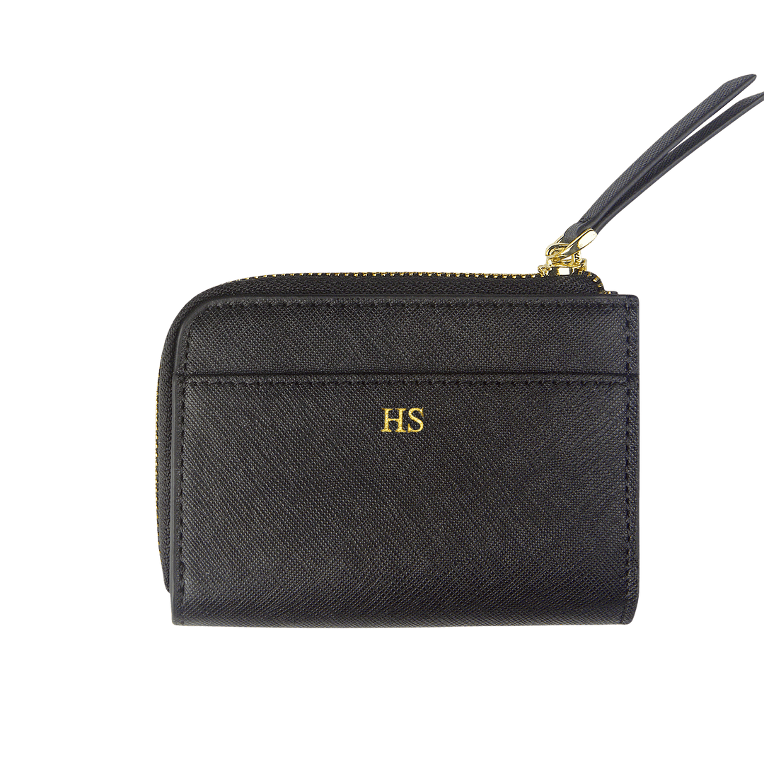 Black personalised Saffiano leather zip wallet with gold “HS” text.