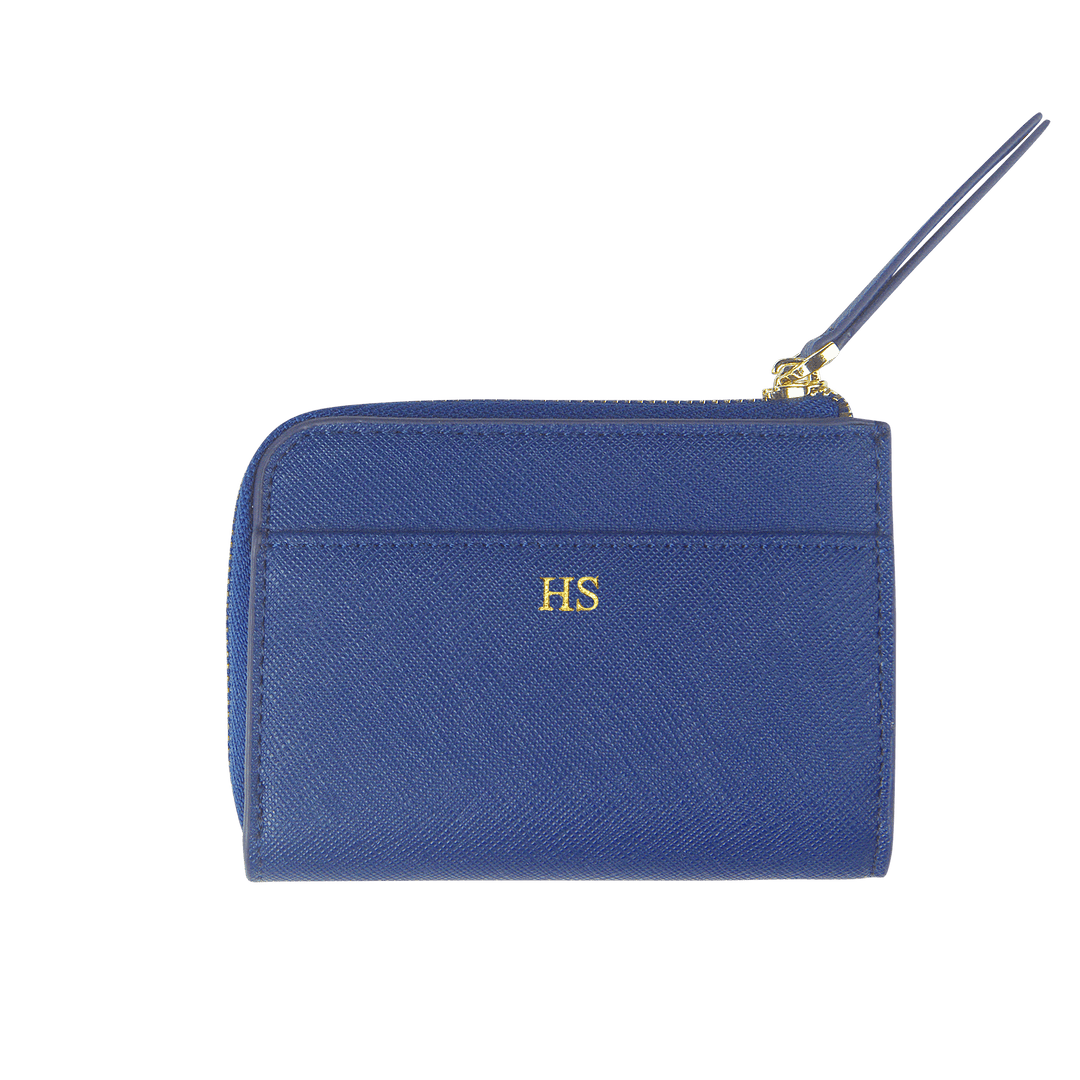 Navy custom Saffiano leather zip wallet with gold “HS” text.
