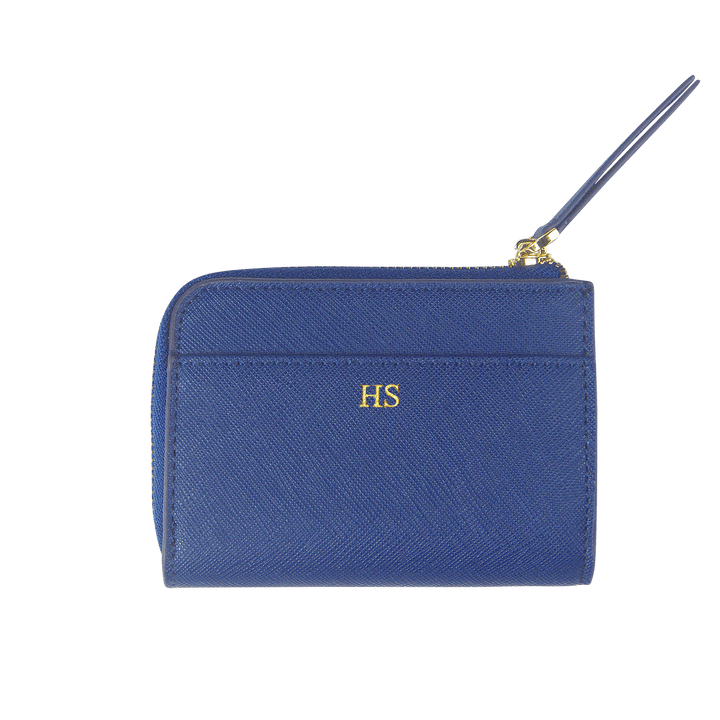 Navy custom Saffiano leather zip wallet with gold “HS” text.