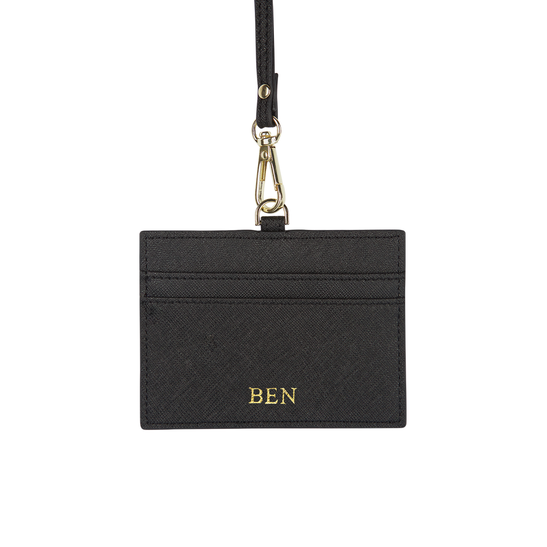 Saffiano horizontal ID cardholder lanyard in black and with gold ben text