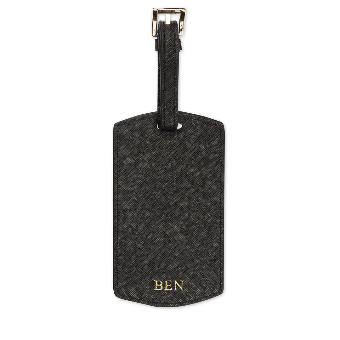 Saffiano luggage tag in black and with gold ben text