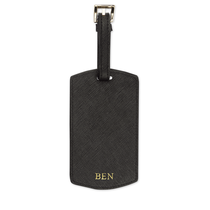 Saffiano luggage tag in black and with gold ben text