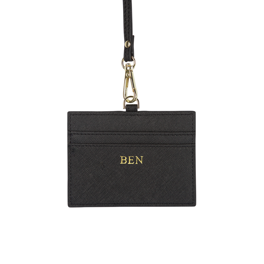 Black - Saffiano Horizontal ID Cardholder Lanyard - THEIMPRINT