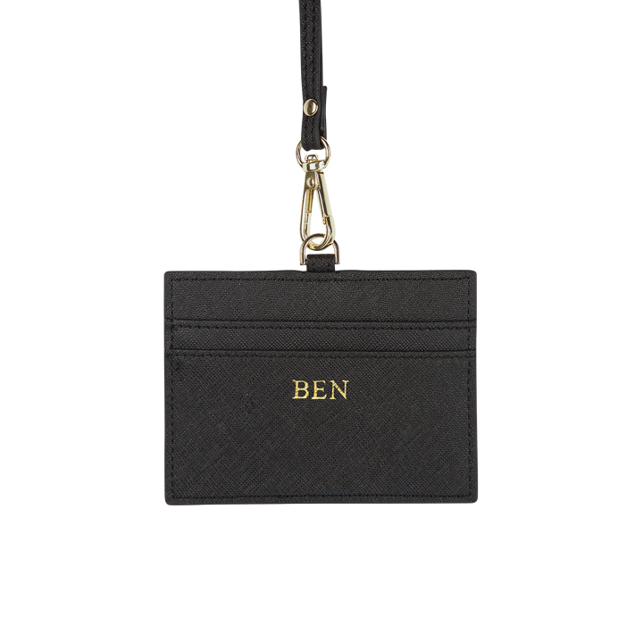 Black - Saffiano Horizontal ID Cardholder Lanyard - THEIMPRINT