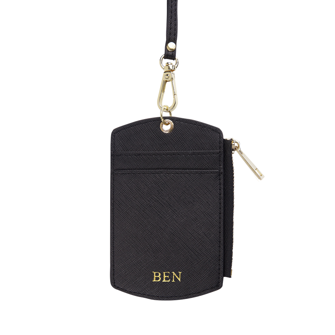 Saffiano ID cardholder lanyard in black, with gold ben text and side zipper