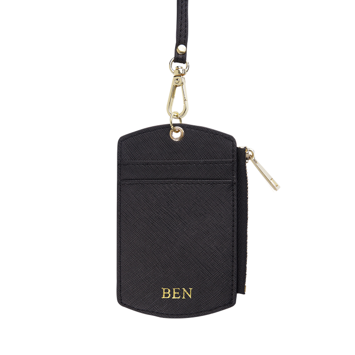 Saffiano ID cardholder lanyard in black, with gold ben text and side zipper
