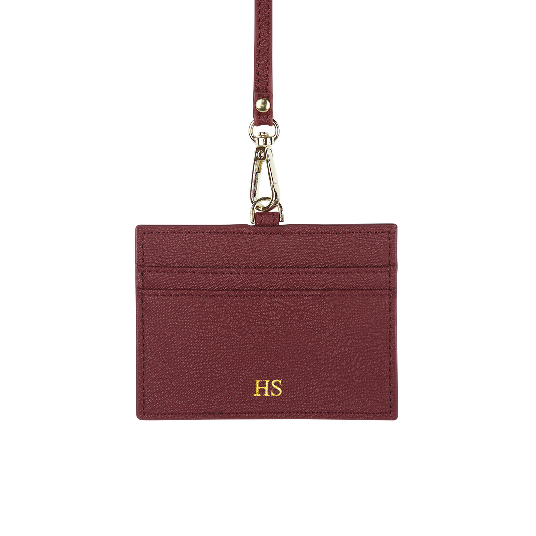 Saffiano horizontal ID cardholder lanyard in burgundy and with gold HS text