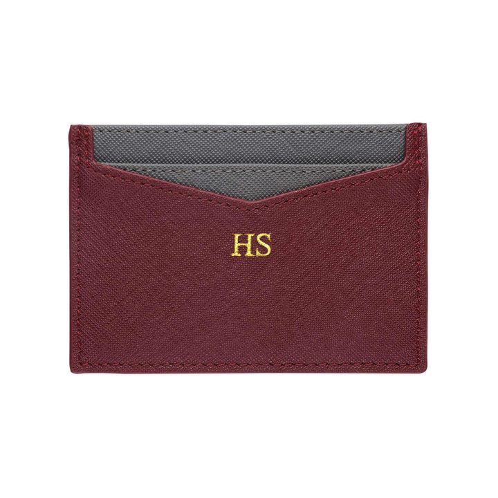 Burgundy personalised Saffiano leather cardholder wallet with gold “HS” text.