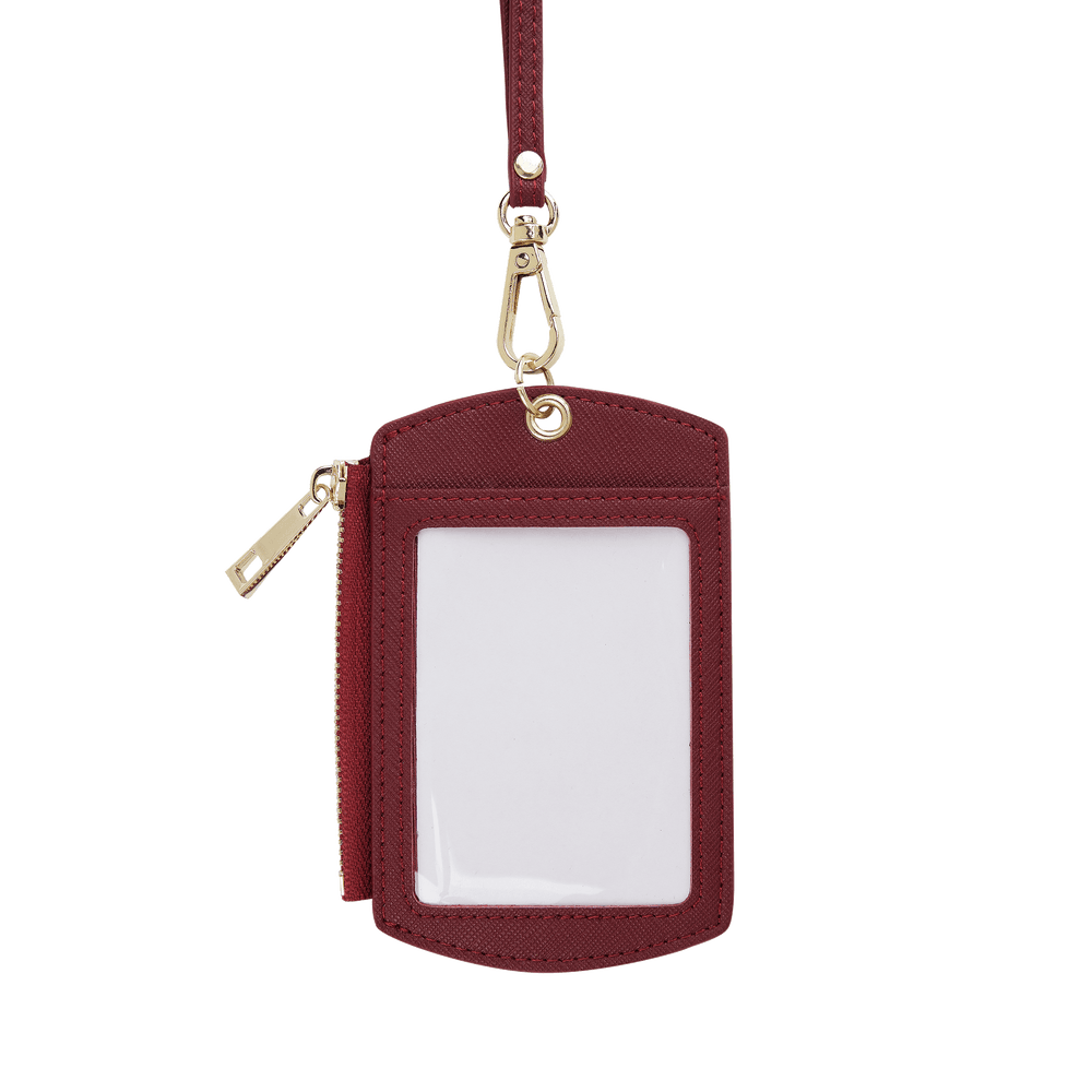 Burgundy - Saffiano ID Cardholder Lanyard with Zip - THEIMPRINT