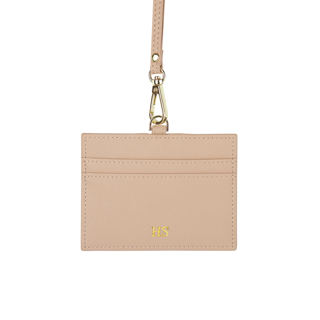 Saffiano horizontal ID cardholder lanyard in nude and with gold HS text