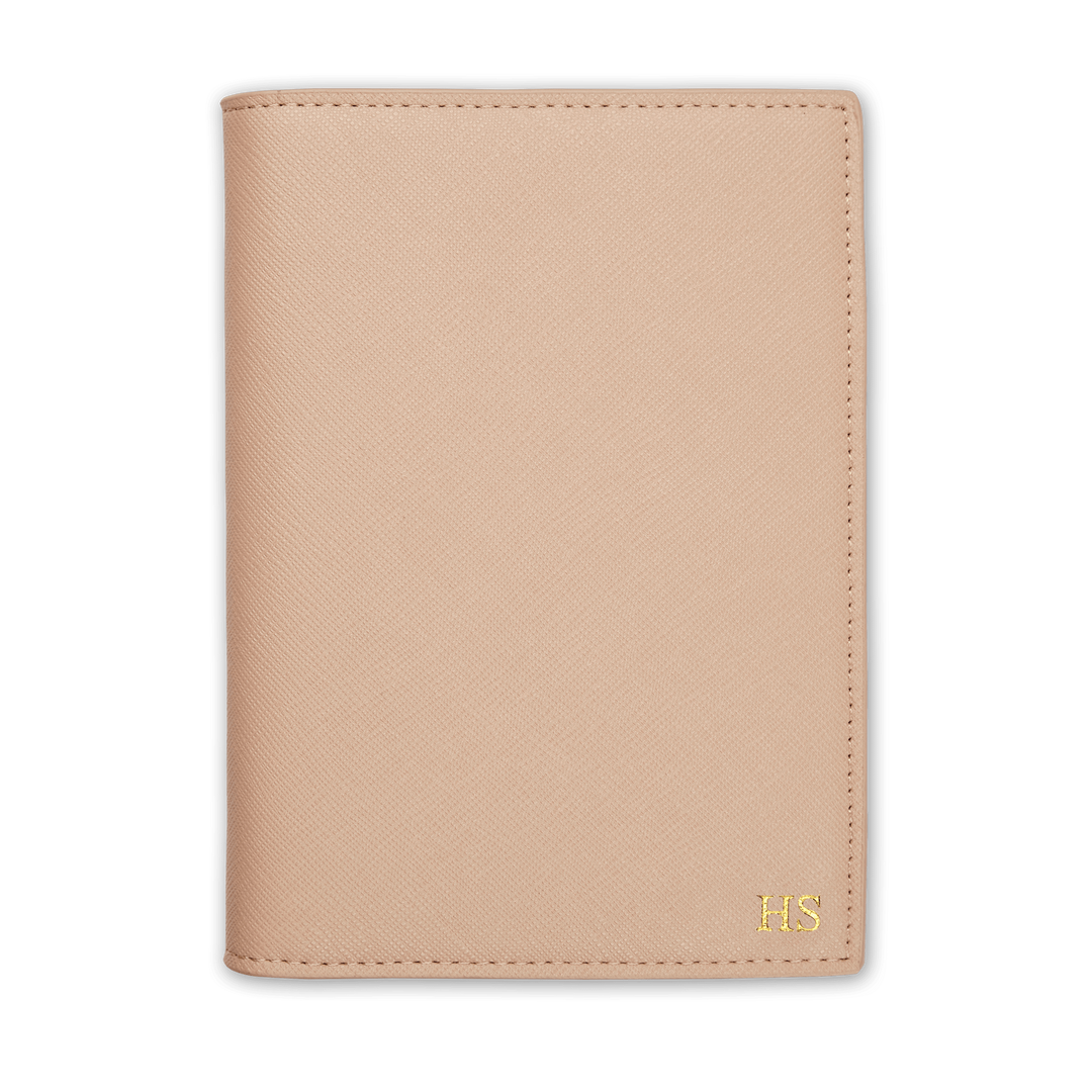 Saffiano passport cover in nude with gold HS text