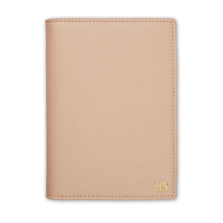 Saffiano passport cover in nude with gold HS text