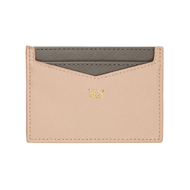 Nude customised Saffiano leather cardholder with gold “HS” text.