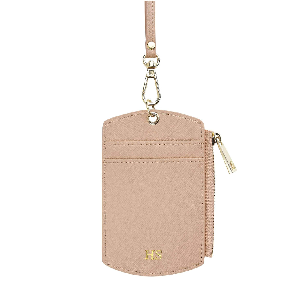 Saffiano ID cardholder lanyard in nude with gold HS text and side zipper