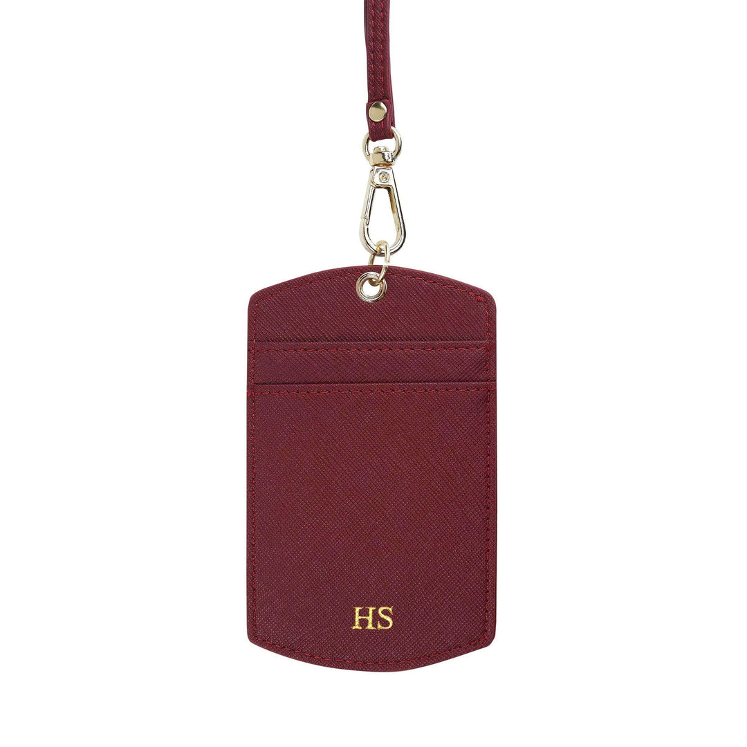 Saffiano ID cardholder lanyard in burgundy and with gold HS text