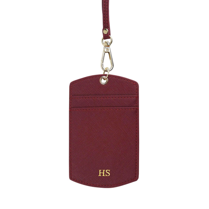 Saffiano ID cardholder lanyard in burgundy and with gold HS text