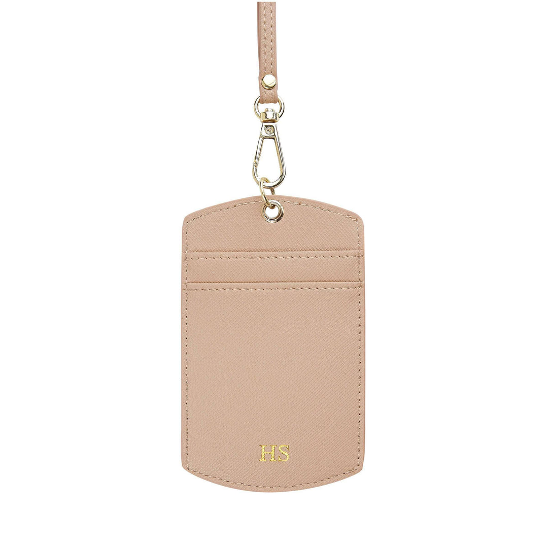 Saffiano ID cardholder lanyard in nude and with gold HS text