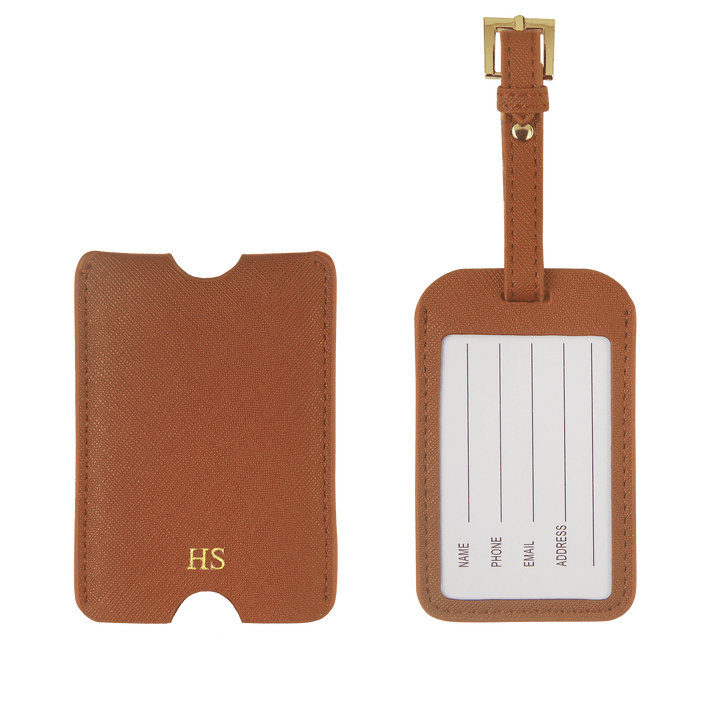 caramel Saffiano personalised luggage tag