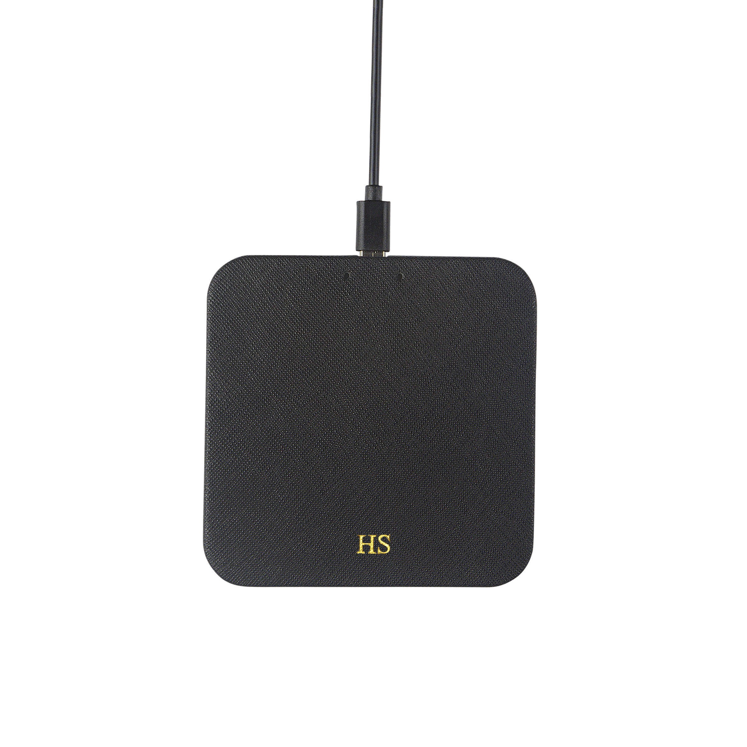 Saffiano wireless charging pad in black and with gold HS text