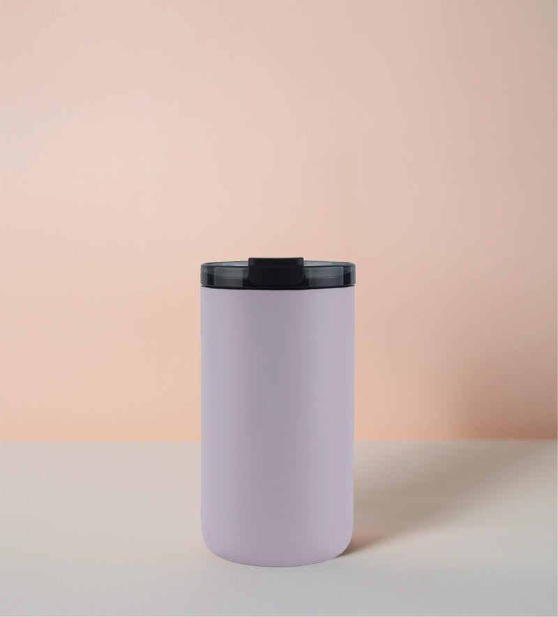 Pale lavender thermal bottle with black lid