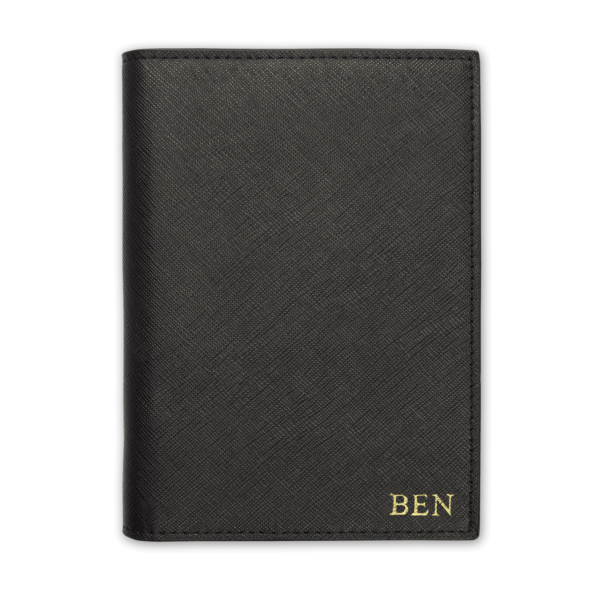 Saffiano passport cover in black with gold ben text