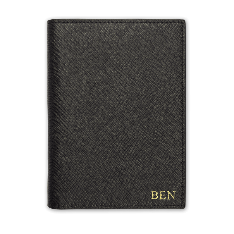 Saffiano passport cover in black with gold ben text