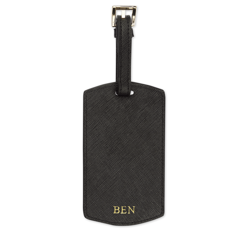 Saffiano luggage tag in black and with gold ben text