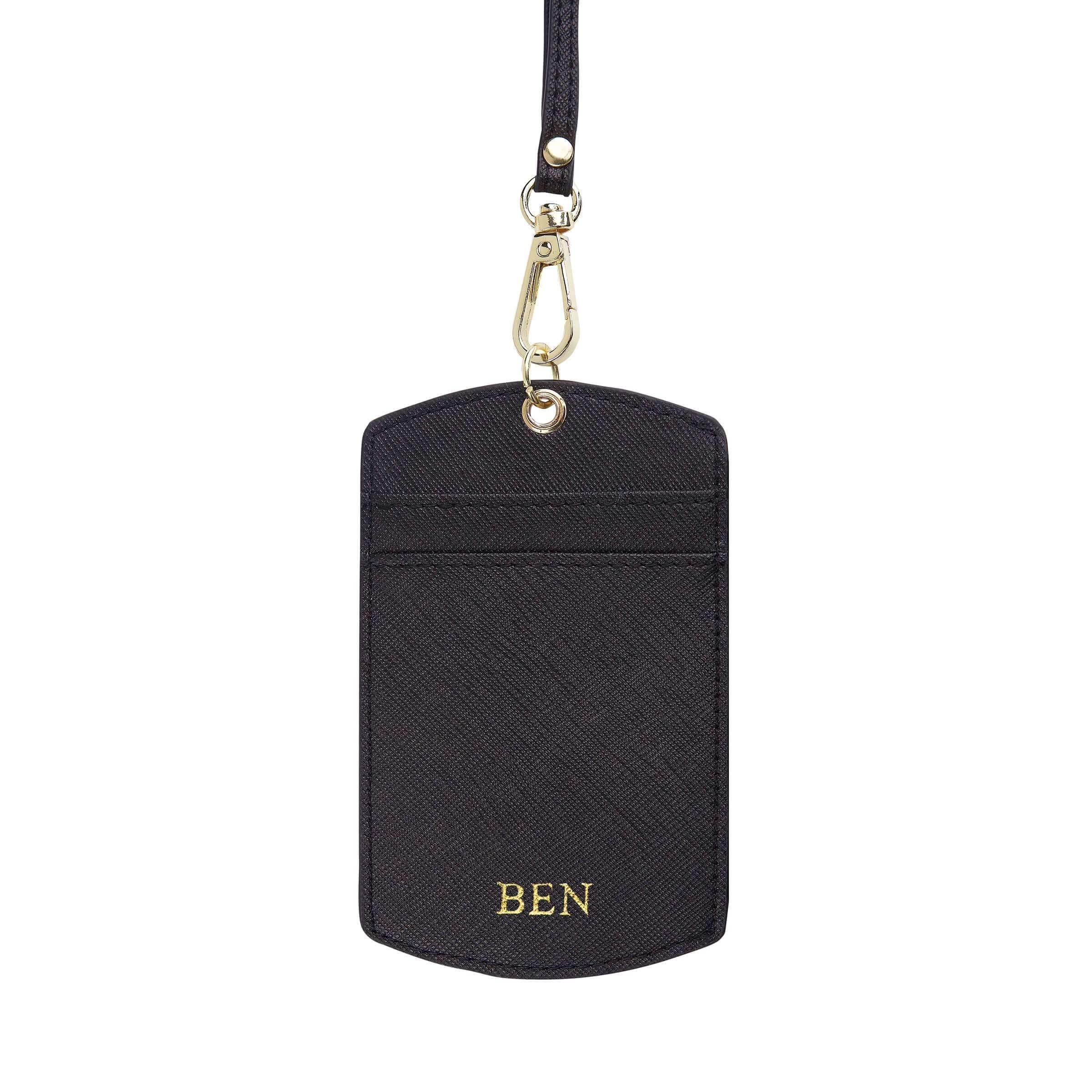 Saffiano ID cardholder lanyard in black and with gold ben text