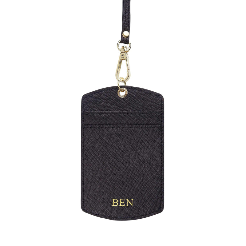 Saffiano ID cardholder lanyard in black and with gold ben text